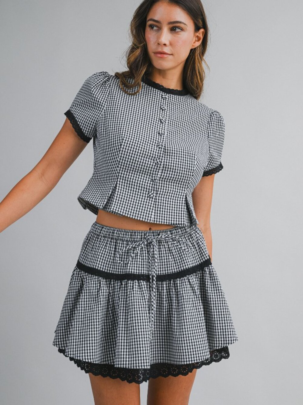 NWT Mable Black & White Gingham Print Short Sleeve Blouse & Mini Skirt Set